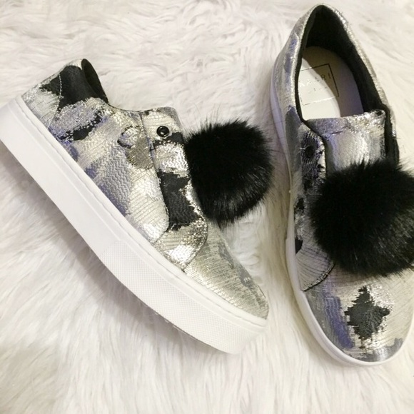 Silver/black brocade Pom Pom Sneakers - Picture 2 of 7